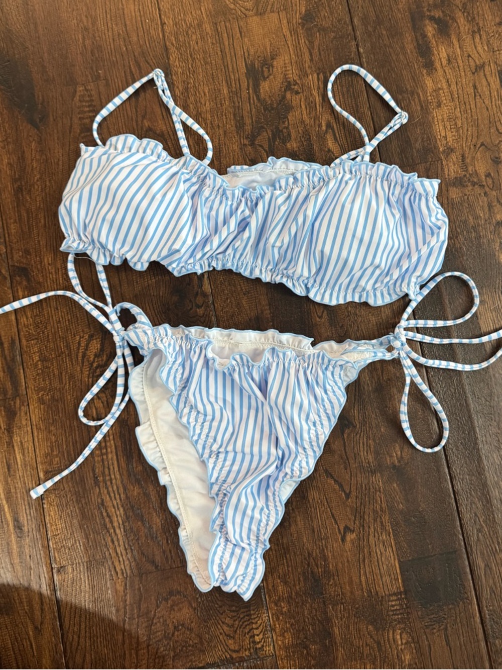 Blue & White Striped Women’s Bikini Set - Adjustable Tie Sides